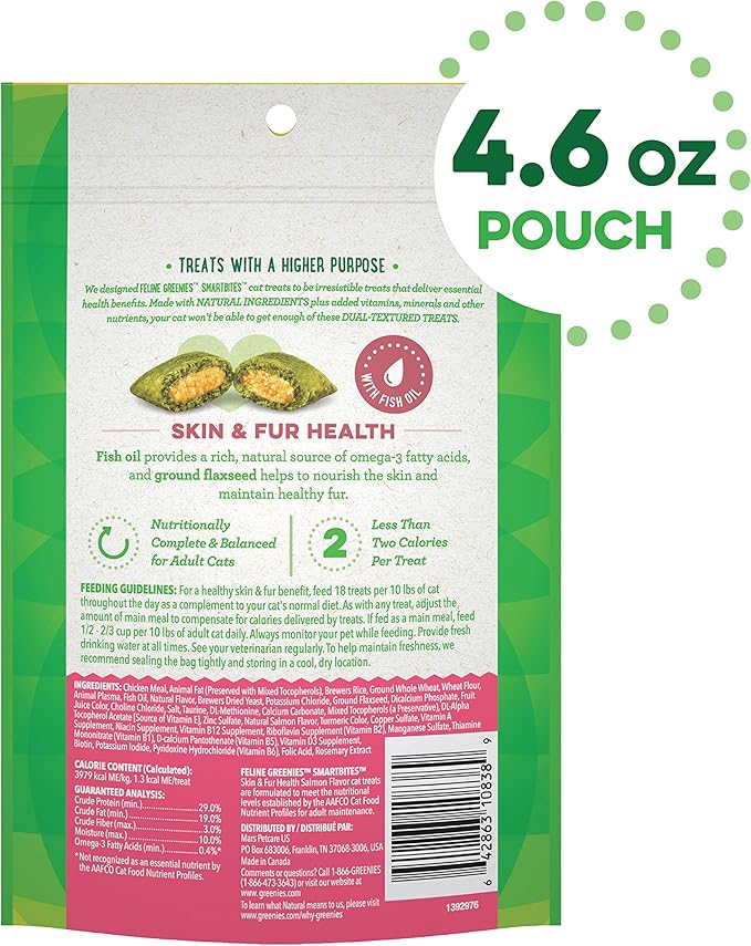 FELINE GREENIES SMARTBITES Skin & Fur Health Crunchy and Soft Natural Cat Treats, Salmon Flavor, 4.6 oz. Pack GREENIES