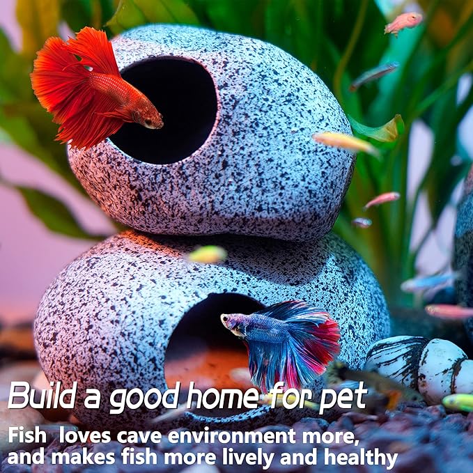 Aquarium Decorations Cave Fish Tank Accessories Rock Decor for Shrimp Cichlid Hiding Breeding Small Fish Bowl Hide Decoration Betta Toys Hideout Stones House(2pcs) Ameliade