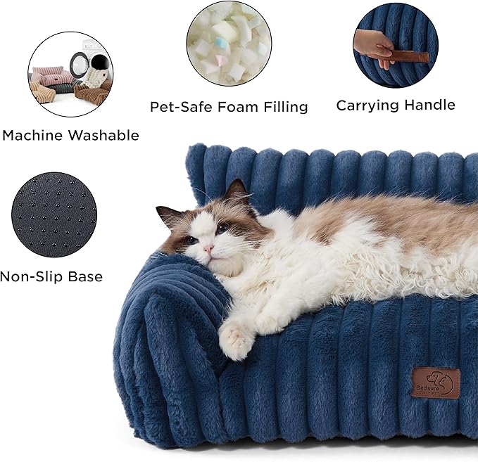 Bedsure Cute Cat Couch for Pets - Fluffy Small Dog Sofa with Premium Soft Corduroy Fleece, Pet Sofa with Removable Washable Cover, Supportive Dog Couch Bed for Small Medium Dogs, 30inch, Night Blue - PAWPICO