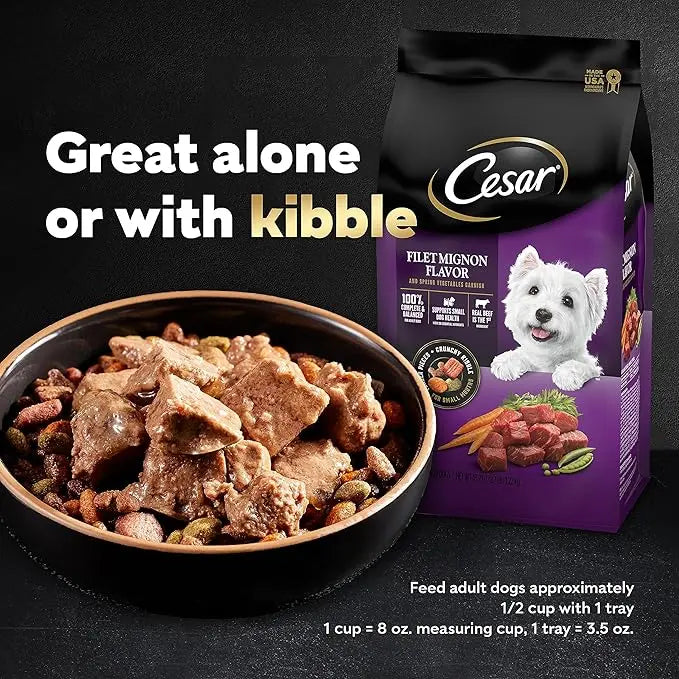 CESAR Adult Wet Dog Food Loaf in Sauce Rotisserie Chicken, Filet Mignon, Angus Beef, and Ham & Egg Flavors Variety Pack, 3.5 oz. Easy Peel Trays, Pack of 24 - PAWPICO
