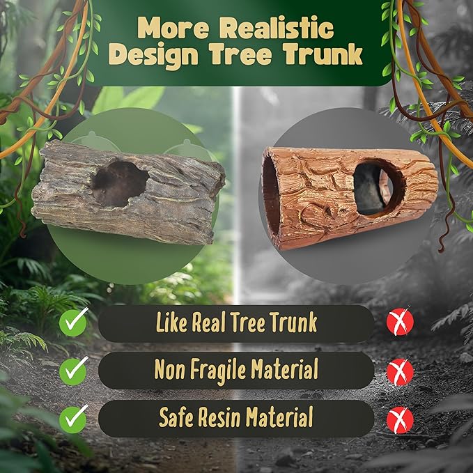 Crested Gecko Hide - Essential Crested Gecko Accessories for Tank - Reptile Hide Cave with Suction Cups - Unbreakable Realistic Tree Trunk Design - Safe Resin for Geckos, Lizards, Snakes PAWPICO