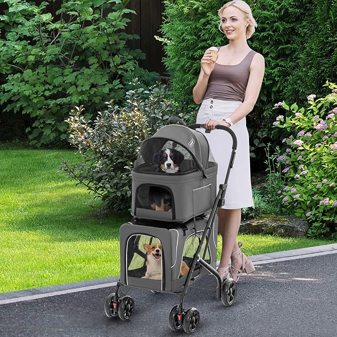 Double Dog Stroller, Foldable 3-in-1 Cat Stroller with 2 Detachable Carriers, Safety Belt, Washable Cover, Removable Pads, 4 Wheels Travel Pet Stroller for Small Medium Dogs (Grey) - PAWPICO