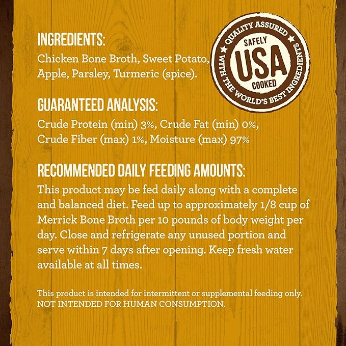 Merrick Grain Free Bone Broth, Premium Human Grade And Gluten Free Dog And Cat Food Topper Pouches, Chicken - 16 oz. Pouch - PAWPICO
