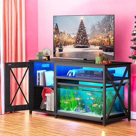 YITAHOME Fish Tank Stand with Power Outlets & LED Light, 55-75 Gallon Metal Aquarium Stand with Cabinet for Fish Tank Accessories Storage for Turtle Tank, Reptile Terrarium, 860LBS Capacity, Black YITAHOME