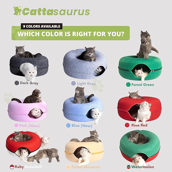 CATTASAURUS Peekaboo Cat Cave for Multiple & Large Cats Up to 30-45 Lbs, Scratch Detachable & Washable Tunnel Bed, Comfy Donut Cat Cave (Forest Green, Large) - PAWPICO