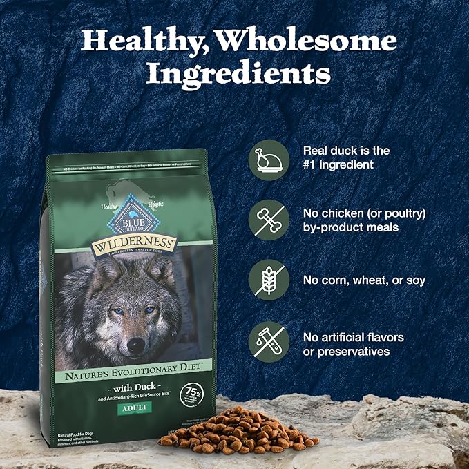 Blue Buffalo Wilderness Natural High-Protein Dry Food for Adult Dogs, with Wholesome Grains, Duck, 13-lb bag. - PAWPICO