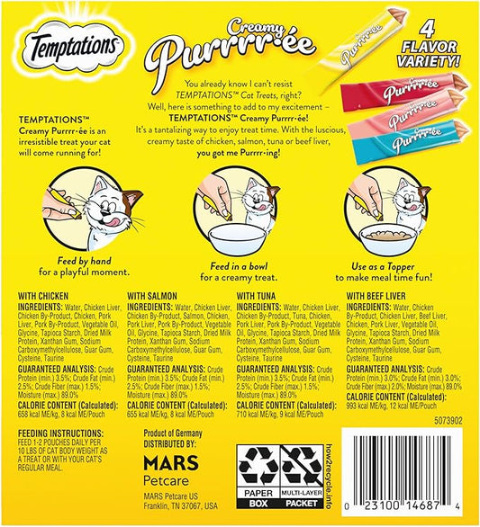 Temptations Creamy Puree with Beef Liver, Salmon, Chicken, and Tuna Squeezable Lickable Wet Cat Treat Variety Pack, 0.42 oz. Tubes, Pack of 48 Temptations