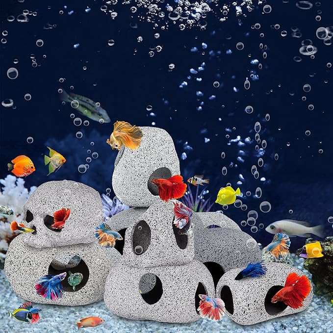 Ameliade Aquarium Decorations Cave Fish Tank Accessories Rock Decor for Shrimp Cichlid Hiding Breeding Small Fish Bowl Hide Decoration Betta Toys Hideout Stones House(Skull) Ameliade