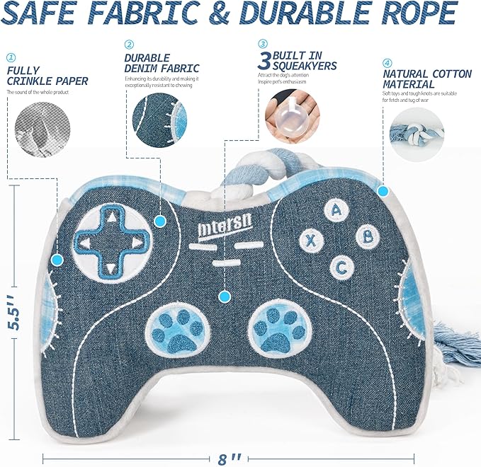 MTERSN Dog Squeaky Toys : Cute Plush Dog Toy with 3 Squeakers and Interactive Dog Rope Toy with Full Crinkle Paper - Funny Game Controller Shaped Pet Toys for Puppy, Small, Medium Dogs (Denim) - PAWPICO