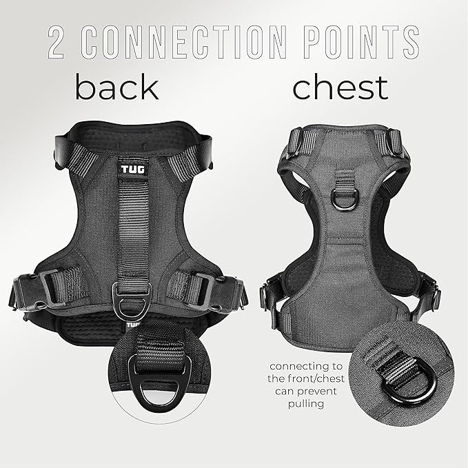 TUG Dog Harness with 2 Leash Connection Points | Adjustable, Padded, Lightweight Harness | Handle on Back | No-Pull Front Clip (Small, Black) TUG