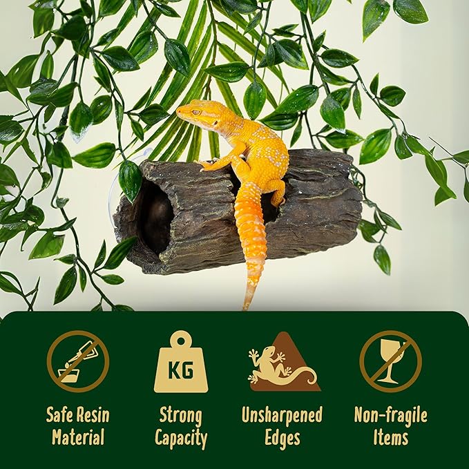 Crested Gecko Hide - Essential Crested Gecko Accessories for Tank - Reptile Hide Cave with Suction Cups - Unbreakable Realistic Tree Trunk Design - Safe Resin for Geckos, Lizards, Snakes PAWPICO