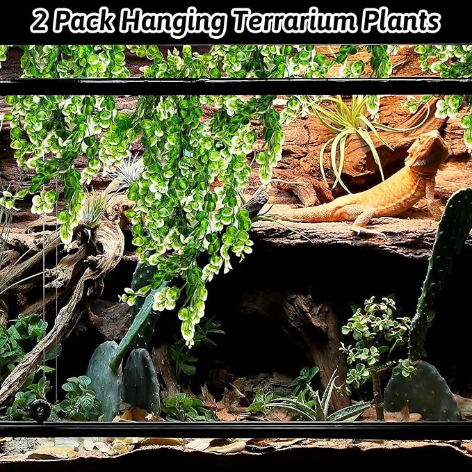 Hamiledyi Hanging Fake Plants for Reptiles, 2 Pack Fake Reptile Plants for Reptiles Tank with Suction Cup, Reptile Plants Jungle Hanging Vines for Bearded Dragon Tank (Green and White) Hamiledyi