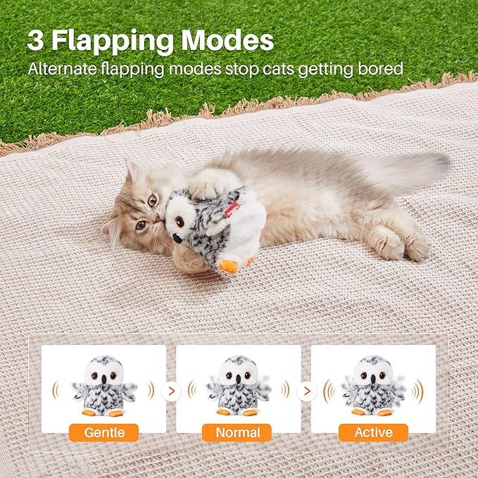 Potaroma Flapping Owl Cat Toys (No Flying), Lifelike Bird Chirp, Rechargeable Touch Activated Kitten Toy, Interactive Catnip Kicker Exercise Toys 4.0" for All Breeds - PAWPICO