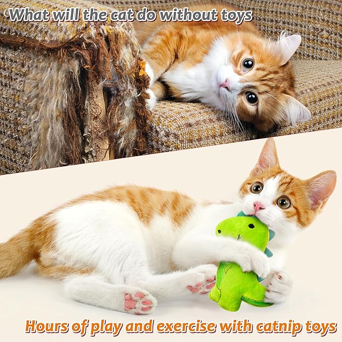 MALLMALL6 5Pcs Dinosaur Catnip Toys for Cat, Indoor Cat Chew Bite Bunny Kick Plush Catmint Pet Toys Supplies for Cat Lover Gifts, Interactive Cat Toy with Cute Expression for Pet Presents - PAWPICO