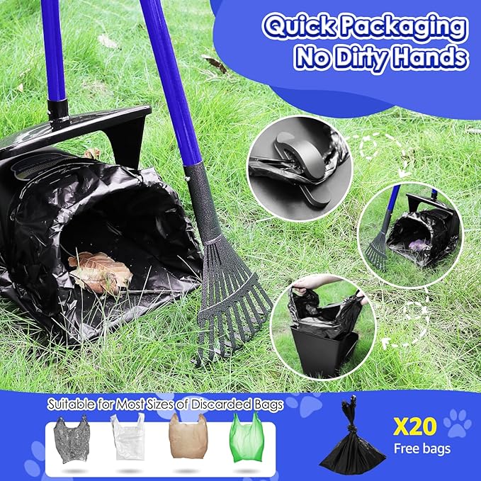 SlowTon Dog Pooper Scooper - 37.4" Long Handle Adjustable Metal Swivel Bin & Rake & Spade Kit with 20 Waste Bags, Portable Pooper Scooper for Gravel Lawn Grass, Suit for Small Medium Large Dog - PAWPICO