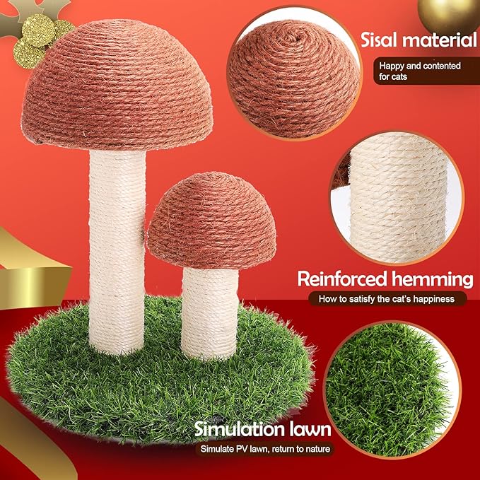 PowerKing Mushroom Cat Scratching Post, 15 x12 Inches Claw Scratching Post for Kitty, Natural Sisal Cat Scratchers Pole, Cat Interactive Toys, Cat Tree Tower (Brown) - PAWPICO
