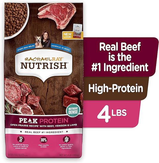Rachael Ray Nutrish PEAK Natural Dry Dog Food, Open Prairie Recipe with Beef, Venison & Lamb, 4 Pounds, Grain Free (Packaging May Vary) - PAWPICO