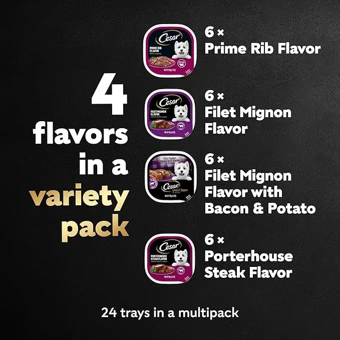 CESAR Adult Soft Wet Dog Food Steak Lovers Variety Pack with Real Meat, (24) 3.5 oz. Trays - PAWPICO