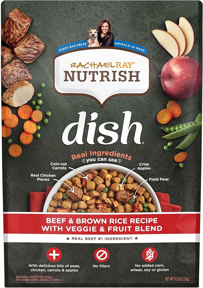 Nutrish Rachael Ray Dish Premium Natural Dry Dog Food, Beef & Brown Rice Recipe with Veggies, Fruit & Chicken, 11.5 Pound Bag - PAWPICO