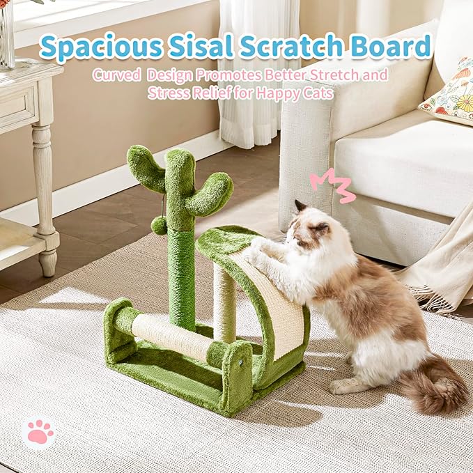 Made4Pets Cat Scratching Post, Cactus Scratcher Tree for Indoor Small Cats, Adult Kitten Scratch Pad with Natural Sisal Ropes, Cute Kitty Nail File Vertical Scratcher with Green Carpet Cover - PAWPICO