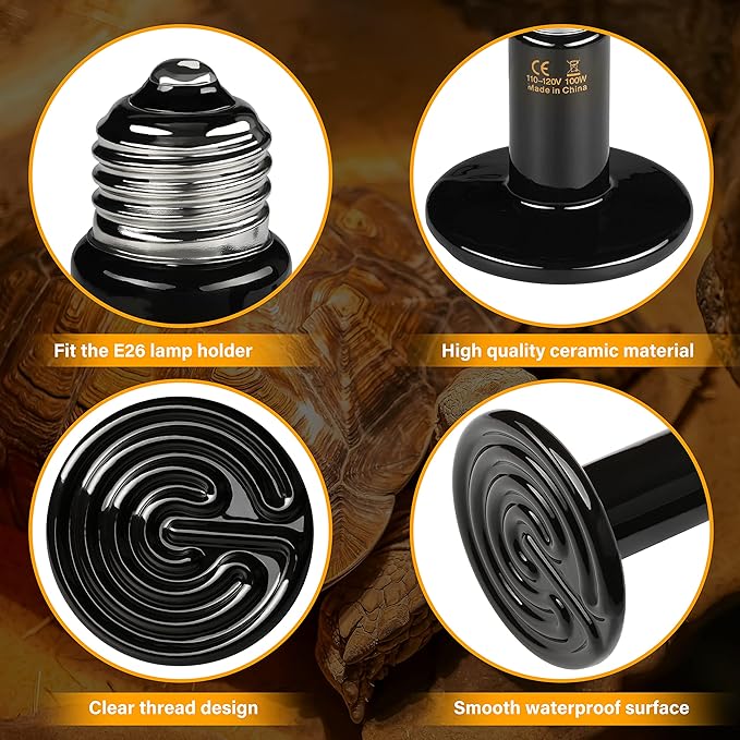 HealSmart Reptile Heat Lamp Bulb Ceramic Heat Emitter 150W No Light Emitting Brooder Coop Heater for Amphibian Pet & Incubating Chicken, Black HealSmart