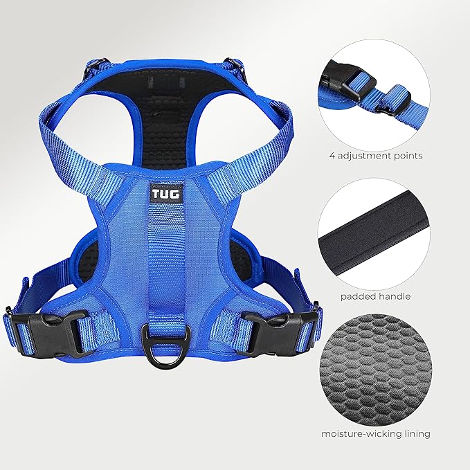 TUG Dog Harness with 2 Leash Connection Points | Adjustable, Padded, Lightweight Harness | Handle on Back | No-Pull Front Clip (Medium, Blue) TUG