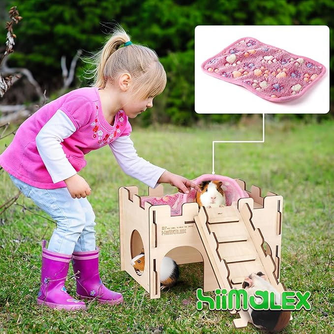 hiimalex Wooden Hamster Castle House with Ramp and Plush Bedding for Chinchilla Guinea Pig Hedgehog Gerbil Hamster Rat Durable Habitats for Playing and Hiding MakeTheKingdomforYourBunnies