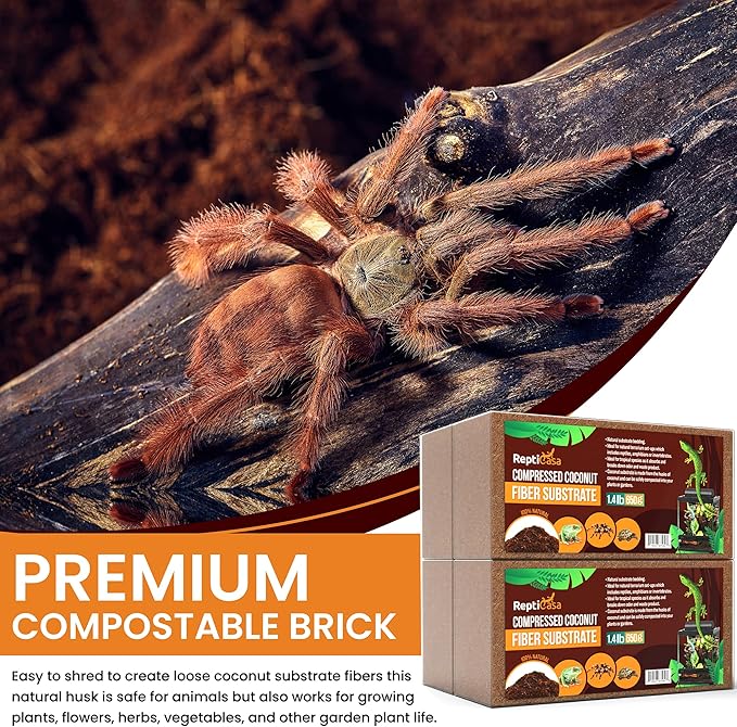 Compressed Coconut Fiber Substrate, 1.4 lb. Bricks, Natural Husk Terrarium Bedding, Reptiles, Frogs, Snakes, or Tortoise, Odor and Waste Absorbent Compostable, 5 Pack ReptiCasa