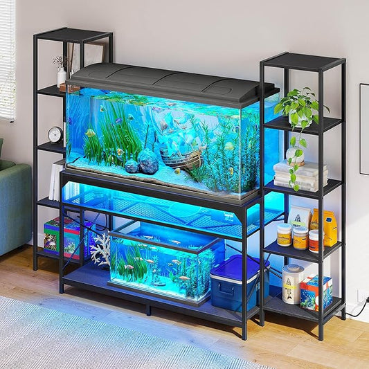DWVO 55-75 Gallon Aquarium Stand with Power Outlets & LED Light, Display Stand for Turtle Tank, Reptile Terrarium, Heavy Duty Metal Fish Tank Stand Suitable for Living Room, Entryway, 860LBS Capacity DWVO