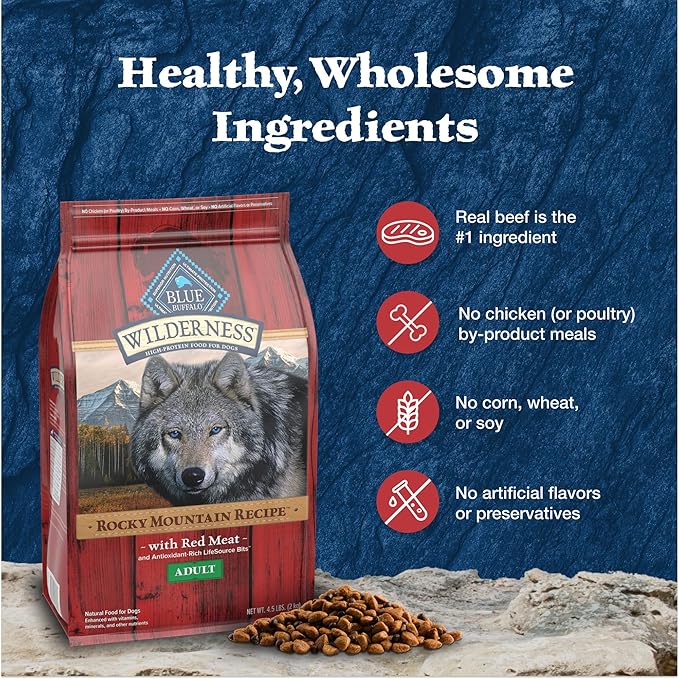 Blue Buffalo Wilderness Rocky Mountain High-Protein Adult Dry Dog Food Wholesome Grains Red Meat - PAWPICO
