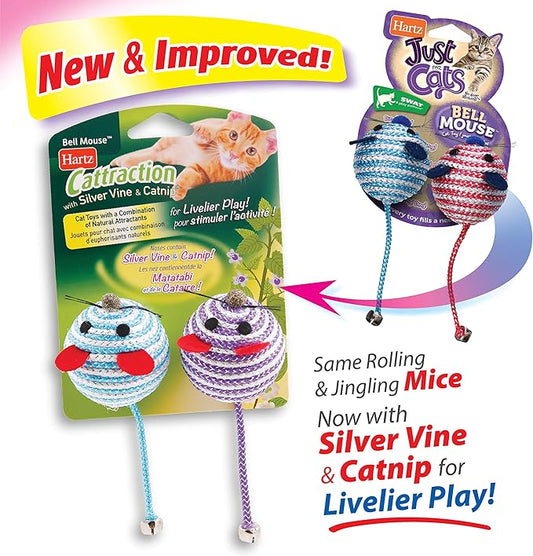 Hartz Cattraction Bell Mouse Cat Toy with Two Silver Vine & Catnip Sisal Mice - 2 Pack, All Breed Sizes - PAWPICO
