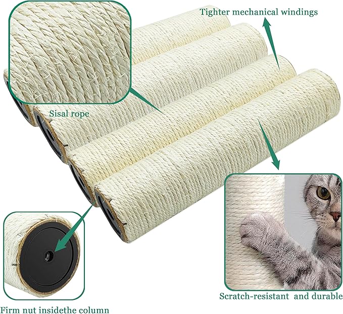 Cat Scratching Post Replacement Pole,4 PCS 11.81in Cat Tree Replacement Post,Natural Sisal Cat Tree Replacement Parts with M8 Screws,Cat Scratch Post Replacement for Refurbishment - PAWPICO