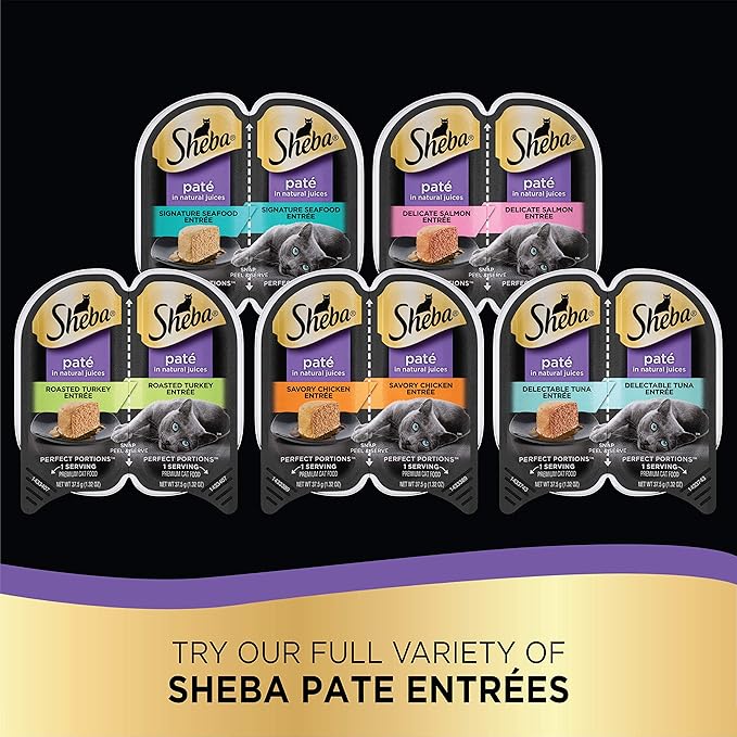 Sheba Perfect Portions Paté Wet Cat Food Variety Pack, Savory Chicken Entrée, Roasted Turkey Entrée, With Sustainable Salmon, and Tender White Fish & Tuna Entrée, 2.6 oz. Trays (48 Count, 96 Servings) - PAWPICO