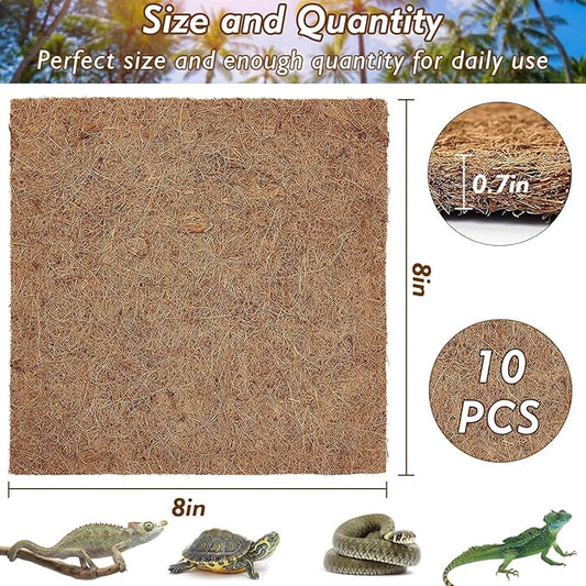 ZeeDix 10 Pieces Coconut Fiber Reptile Substrate Mat, 8 x 8 inches Natural Coco Coir Mat Turtle Bedding Tortoise Carpet Reptile Terrarium Liner for Lizard Snake Turtle Gecko Bearded Dragon ZeeDix