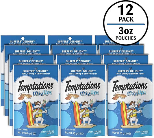 TEMPTATIONS MIXUPS Crunchy and Soft Cat Treats SURFERS' DELIGHT Flavor, (12) 3 oz. Pouches Temptations