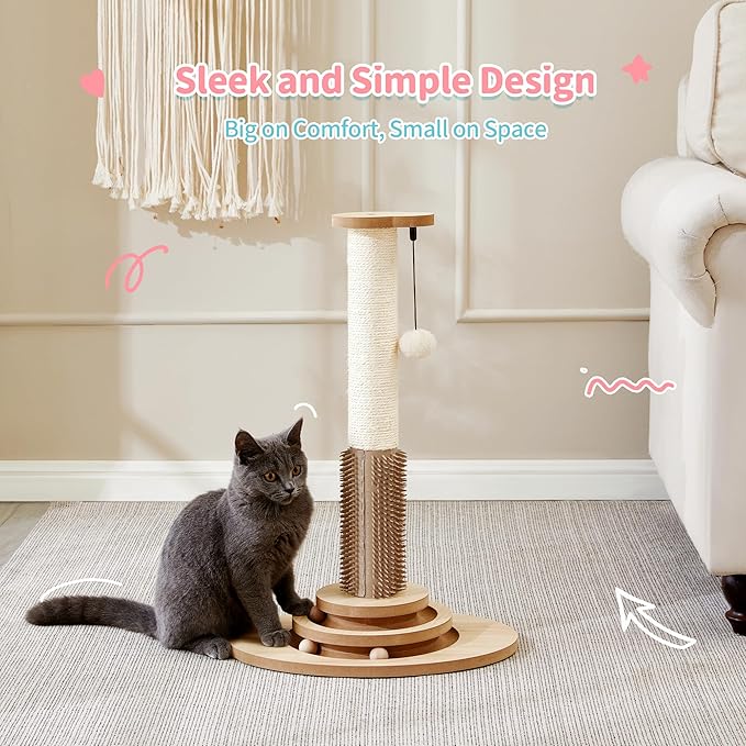 Made4Pets Cat Scratching Post, 23" Tall Sisal Cat Scratcher Post with Cat Self Groomer, 4-in-1 Interactive Trackball Toys with Cat Hair Brush, Vertical Cat Climbing Tree with Dangling Plush Balls - PAWPICO