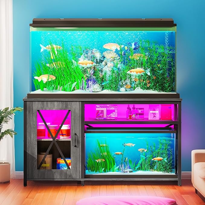 YITAHOME Fish Tank Stand with Power Outlets & LED Light, 55-75 Gallon Metal Aquarium Stand with Cabinet for Fish Tank Accessories Storage for Turtle Tank, Reptile Terrarium, 860LBS Capacity, Grey YITAHOME