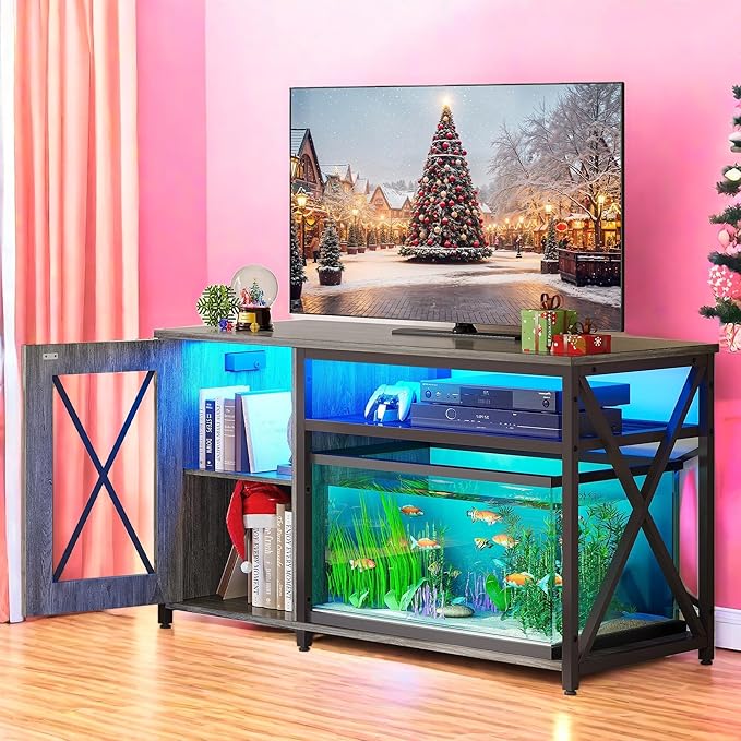 YITAHOME Fish Tank Stand with Power Outlets & LED Light, 55-75 Gallon Metal Aquarium Stand with Cabinet for Fish Tank Accessories Storage for Turtle Tank, Reptile Terrarium, 860LBS Capacity, Grey YITAHOME