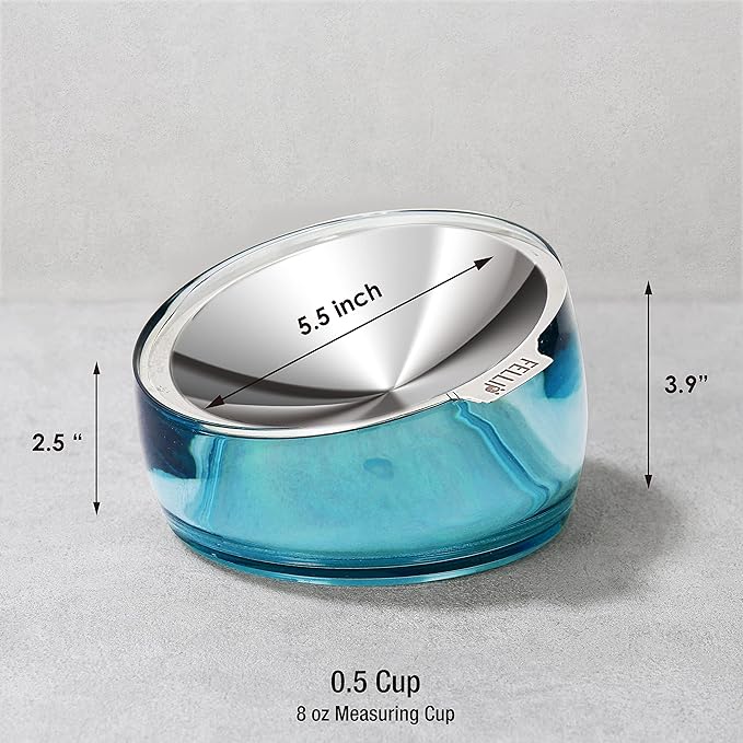 Felli Pet Oblik Whisker Fatigue Cat Food Bowl Raised Stainless Steel Shallow Dish Pet Friendly Modern Design, Anti Vomiting Elevated Wide Plate Feeder No Slip Weighted Acrylic Base (0.5Cup, Sapphire) - PAWPICO