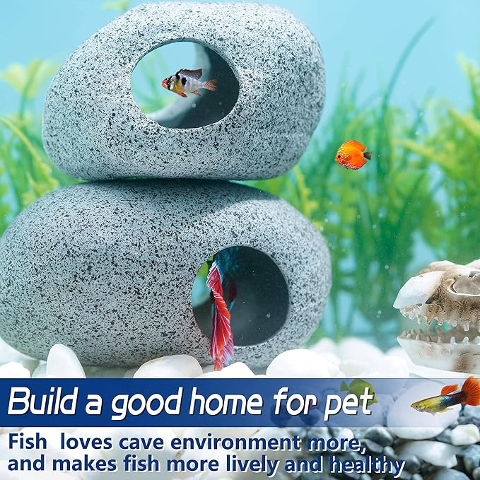Aquarium Decorations Cave Fish Tank Accessories Rock Decor for Shrimp Cichlid Hiding Breeding Small Fish Bowl Hide Decoration Betta Toys Hideout Stones House(2pcs) Ameliade