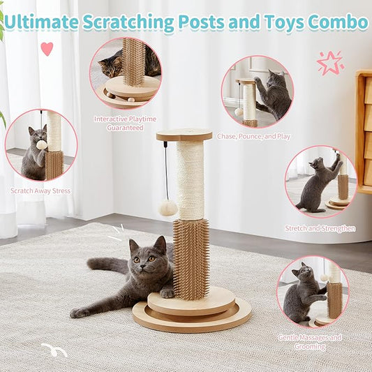 Made4Pets Cat Scratching Post 18" Tall for Small Kittens, 4-in-1 Cat Scratcher with Natural Sisal Ropes, Wooden Turntable Track Toy with Self Grooming Brush, Premium Scratch Pole with Plush Balls - PAWPICO