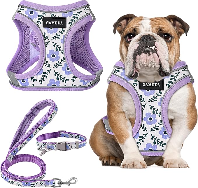 GAMUDA Small Dog Harness Collar and Leash Set, Step in No Chock No Pull Soft Mesh Adjustable Dog Vest Harnesses Plaid Reflective for Dogs Puppy Cats Kitten Rabbit (Purple Flower, L) GAMUDACollarsCollection
