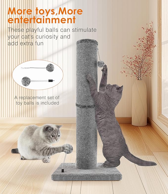 Carpet Craft Cat Scratching Post Heavy Duty for Indoor Large Cats and Adult Cats,Tall and Thicked Carpet Cat Scratcher Furniture Protector Cat Tree Tower with Interactivity Balls,Grey - PAWPICO
