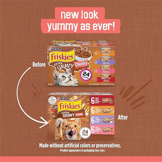 Purina Friskies Extra Gravy Wet Cat Food Chunky 24ct Variety Pack (With Chicken, Turkey, Salmon, Beef) - (Pack of 24) 5.5 oz. Cans - PAWPICO