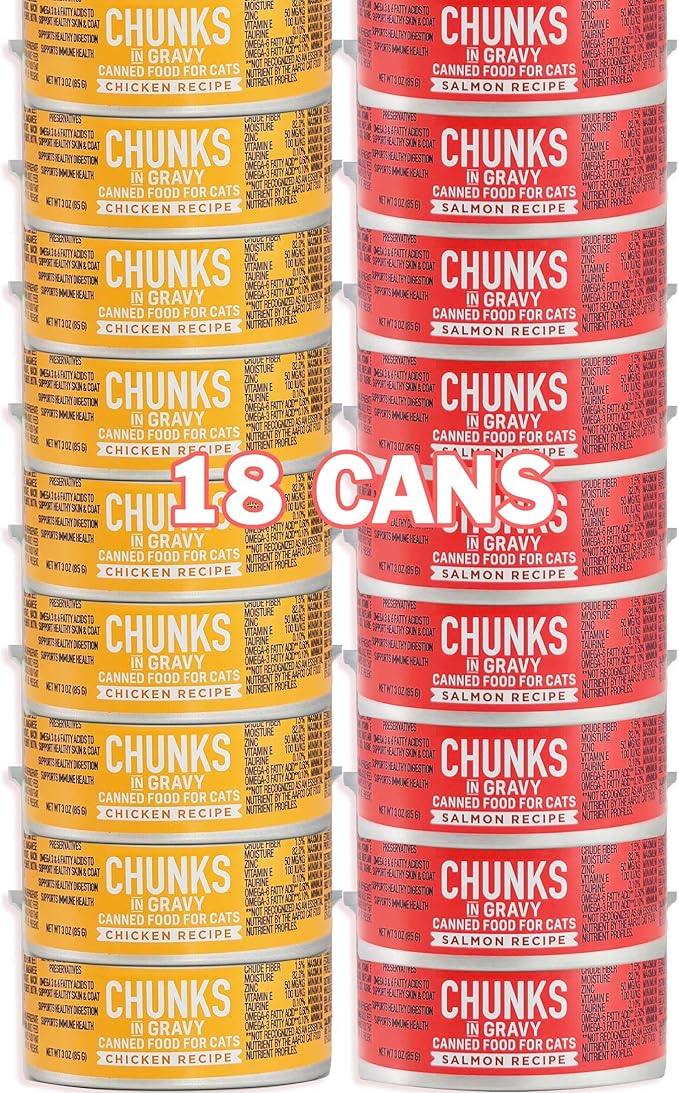 Cat Chunks in Gravy Variety 18 Cans Wet Cat Falmon & Chicken Recipes | Each Can Net Wt 3 OZ (85 G) - PAWPICO