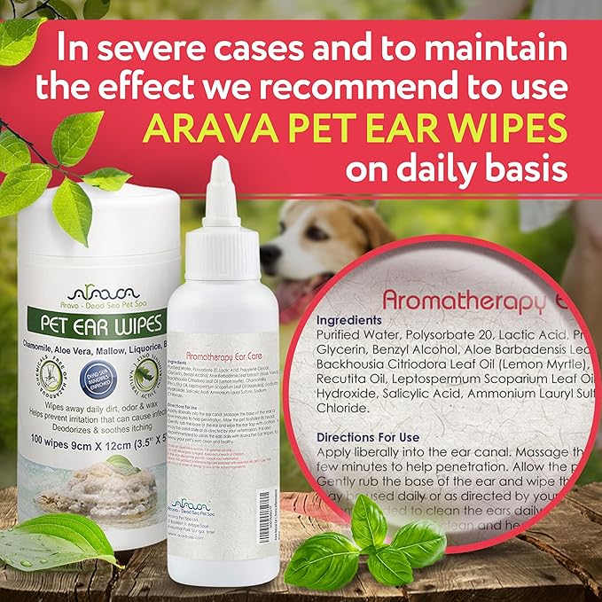 Arava Natural Dog Ear Infection Treatment -First Aid in Acute & Chronic Inflammations - Anti Itch Effective Ear Cleaner - Pet Otic Aromatherapy Ear Care Solution Arava-DeadSeaPetSpa