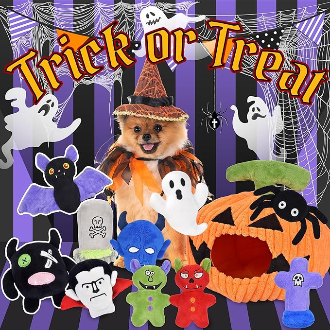 Halloween Dog Toys Set, 11 Pack Squeaky Dog Toys for Aggressive Chewers, Pumpkin Dog Toy Bundle, Assorted Dog Toys to Keep Them Busy, Dog Toys Gift for Large Medium Small Dogs - PAWPICO