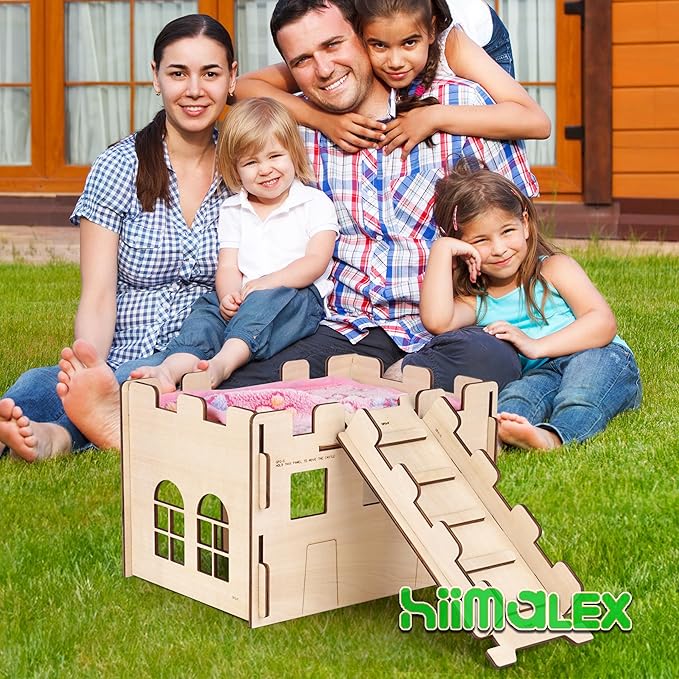hiimalex Wooden Hamster Castle House with Ramp and Plush Bedding for Chinchilla Guinea Pig Hedgehog Gerbil Hamster Rat Durable Habitats for Playing and Hiding MakeTheKingdomforYourBunnies