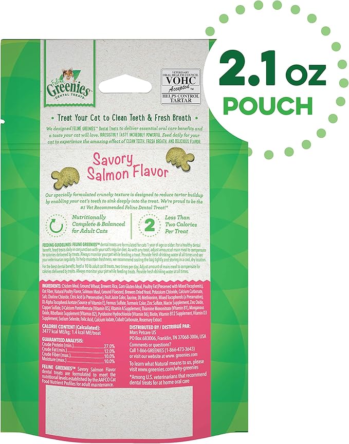 FELINE GREENIES Adult Natural Dental Care Cat Treats, Savory Salmon Flavor, 2.1 oz. Pouch GREENIES