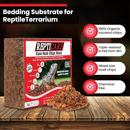 ReptiCare Compressed Coconut Chip Substrate for Reptiles 64 Quart Coco Husk Bedding Block for Ball Pythons, Snakes, Tortoises, Crested Geckos, Frogs, Hermit Crabs or Lizard Terrarium Tanks Gro-Med